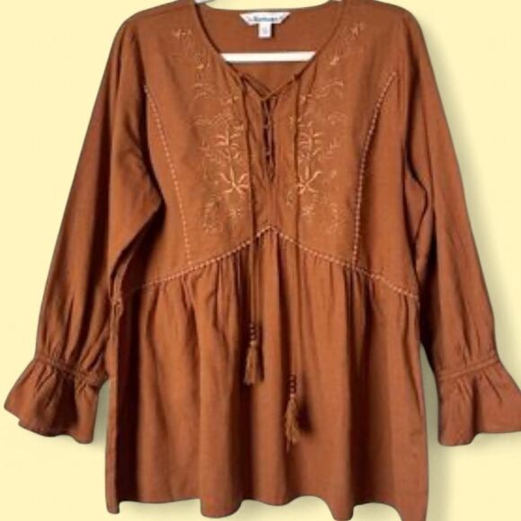 Burnt Orange Embroidered Linen-Blend,Babydoll, Boho Tunic/Peasant Blouse - Picture 8 of 8